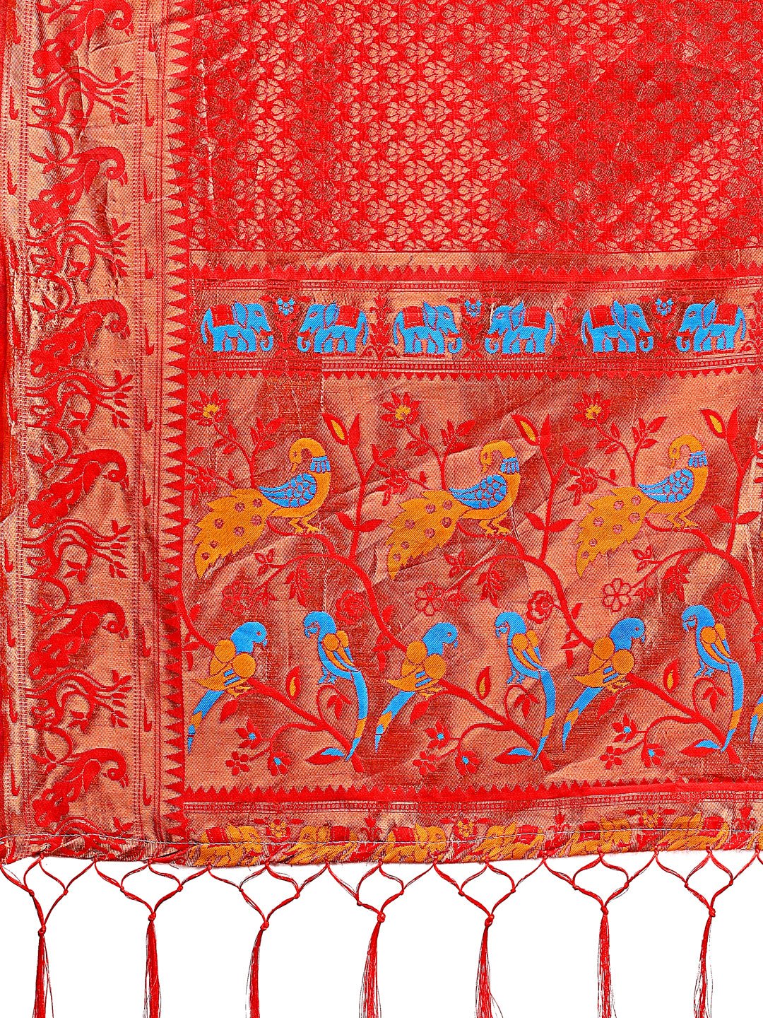 Astita Fiery Red Banarasi Silk Saree with Gold Zari and Colorful Pallu - Perfect for Bridal,Wedding & Festive Glamour | Swadesiicart