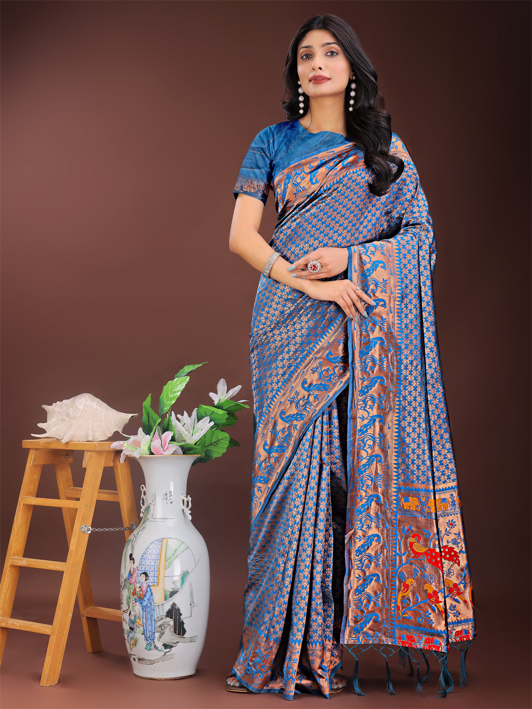 Astita Fiery Blue Banarasi Silk Saree with Gold Zari and Colorful Pallu - Perfect for Bridal,Wedding & Festive Glamour | Swadesiicart