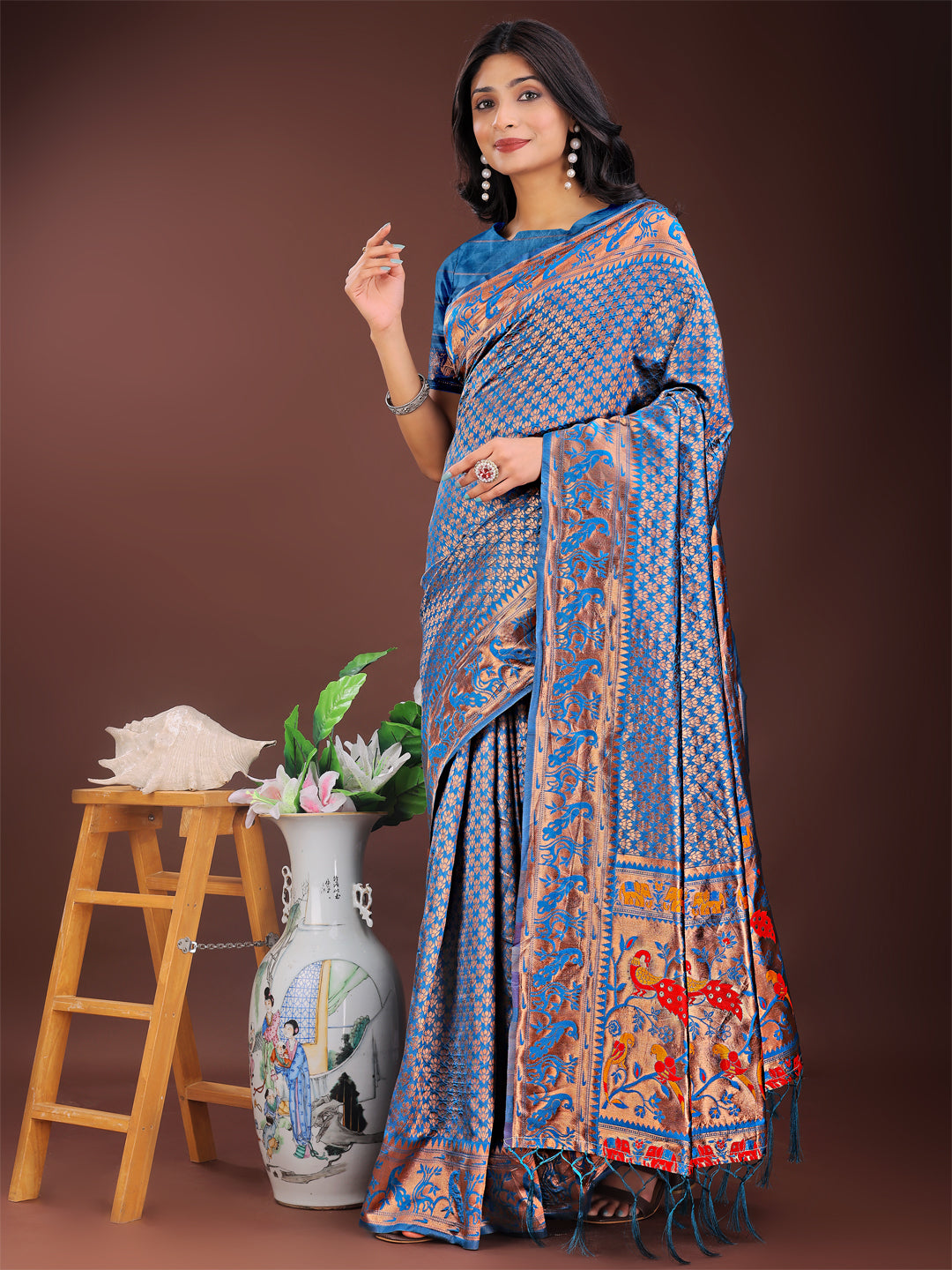 Astita Fiery Blue Banarasi Silk Saree with Gold Zari and Colorful Pallu - Perfect for Bridal,Wedding & Festive Glamour | Swadesiicart