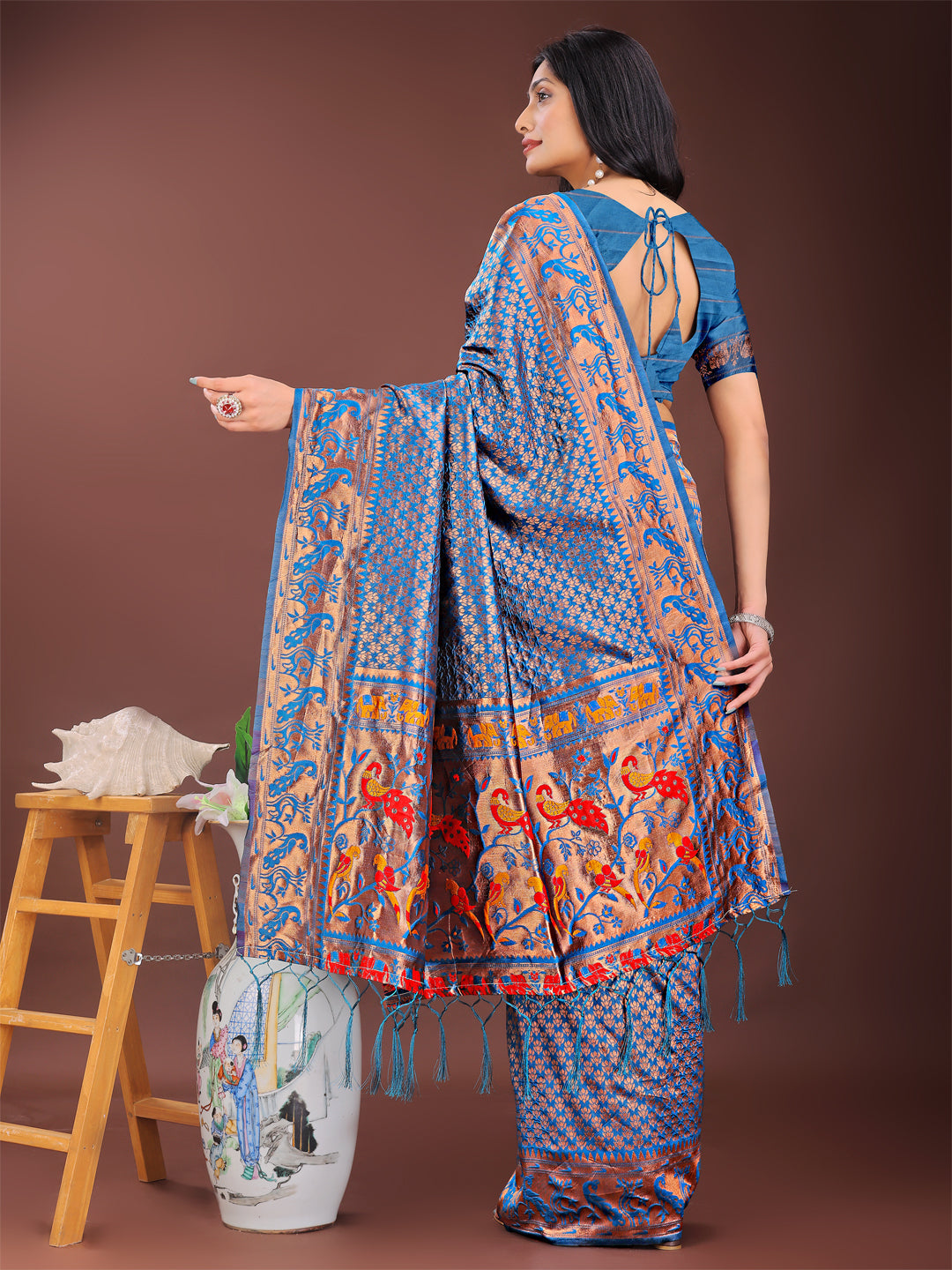 Astita Fiery Blue Banarasi Silk Saree with Gold Zari and Colorful Pallu - Perfect for Bridal,Wedding & Festive Glamour | Swadesiicart