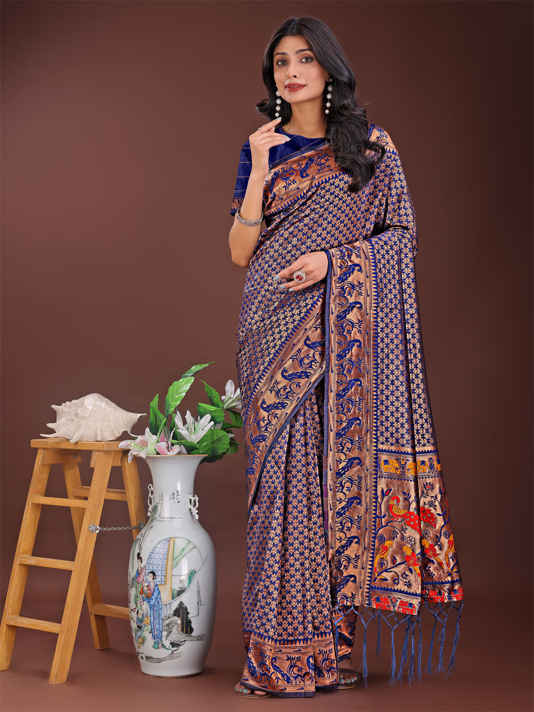 Astita Fiery Navy Blue Banarasi Silk Saree with Gold Zari and Colorful Pallu - Perfect for Bridal,Wedding & Festive Glamour | Swadesiicart