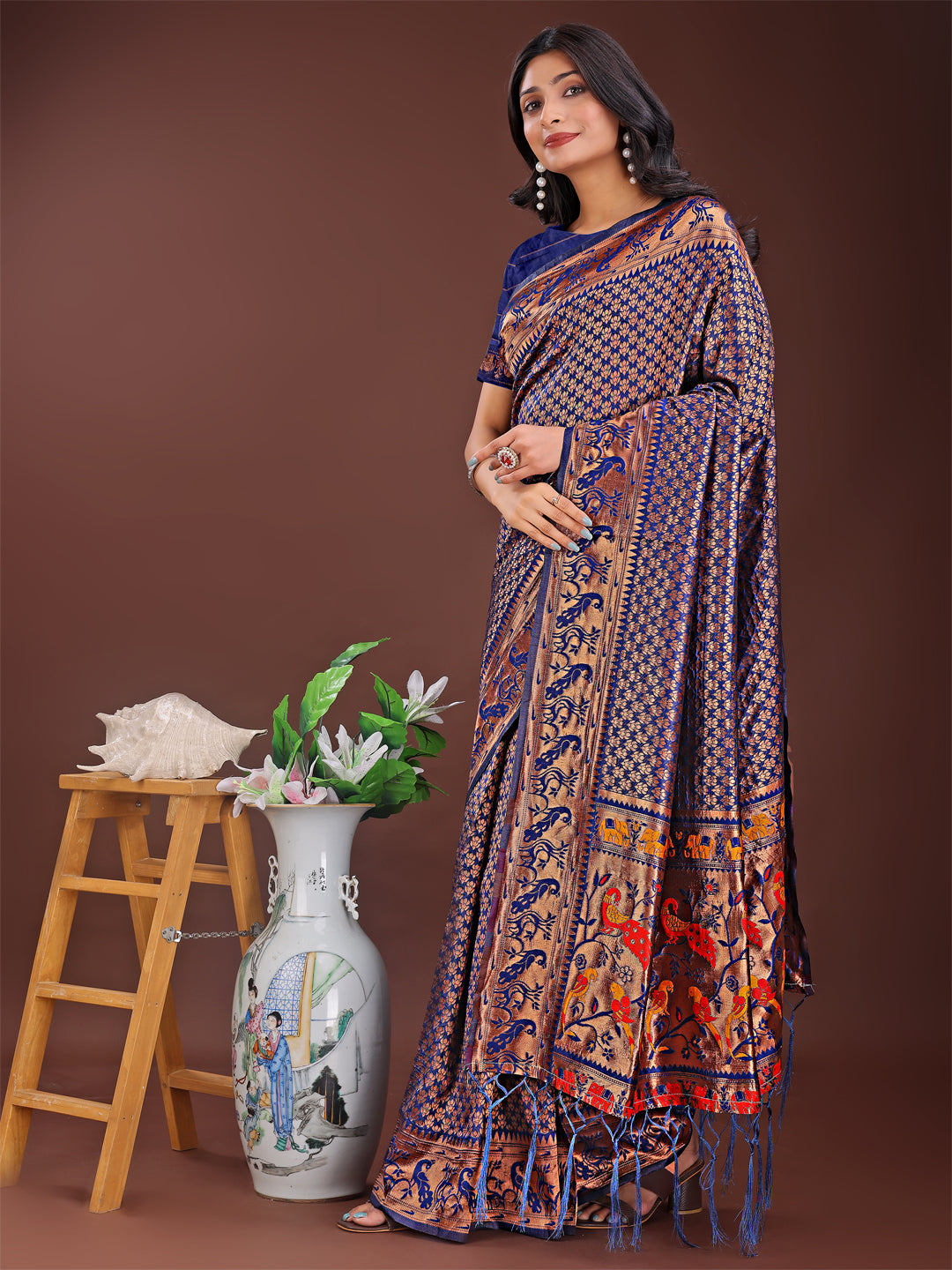 Astita Fiery Navy Blue Banarasi Silk Saree with Gold Zari and Colorful Pallu - Perfect for Bridal,Wedding & Festive Glamour | Swadesiicart