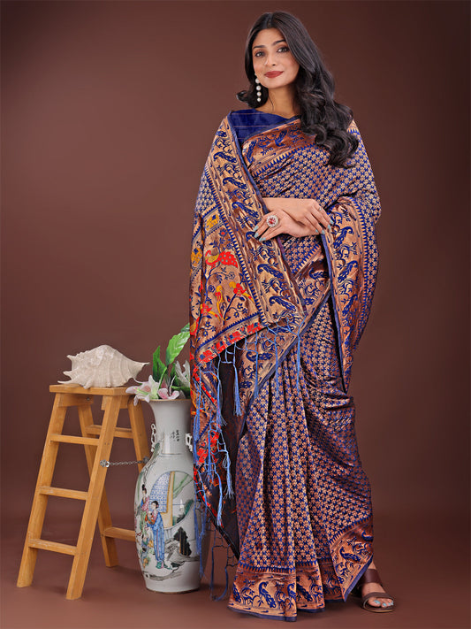 Astita Fiery Navy Blue Banarasi Silk Saree with Gold Zari and Colorful Pallu - Perfect for Bridal,Wedding & Festive Glamour | Swadesiicart