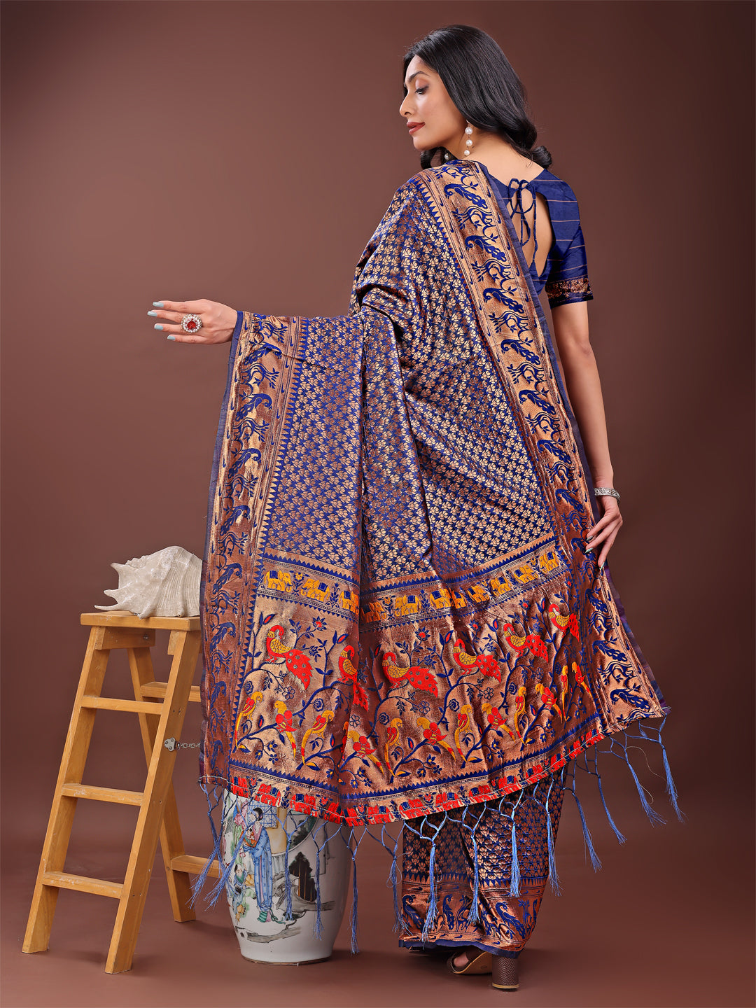Astita Fiery Navy Blue Banarasi Silk Saree with Gold Zari and Colorful Pallu - Perfect for Bridal,Wedding & Festive Glamour | Swadesiicart