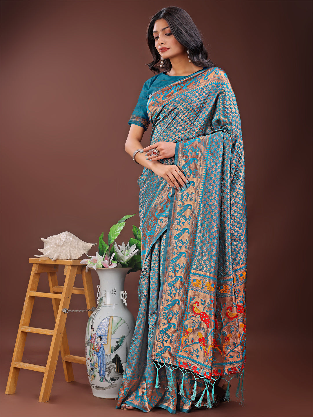 Astita Fiery Sea Green Banarasi Silk Saree with Gold Zari and Colorful Pallu - Perfect for Bridal,Wedding & Festive Glamour | Swadesiicart