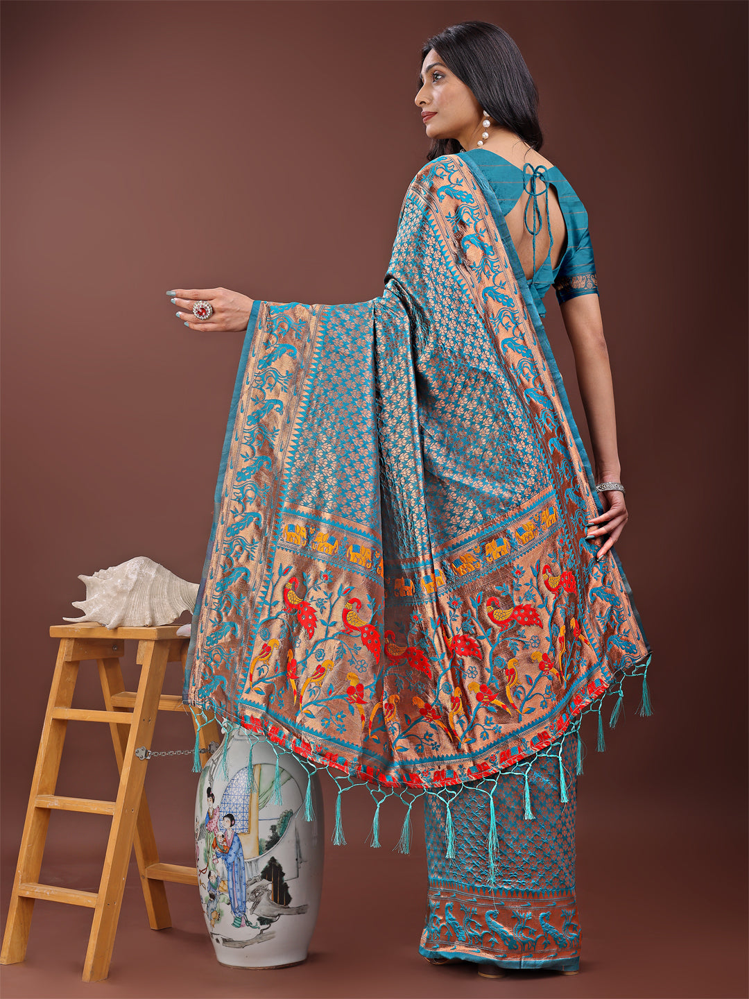 Astita Fiery Sea Green Banarasi Silk Saree with Gold Zari and Colorful Pallu - Perfect for Bridal,Wedding & Festive Glamour | Swadesiicart