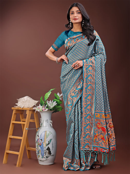 Astita Fiery Sea Green Banarasi Silk Saree with Gold Zari and Colorful Pallu - Perfect for Bridal,Wedding & Festive Glamour | Swadesiicart