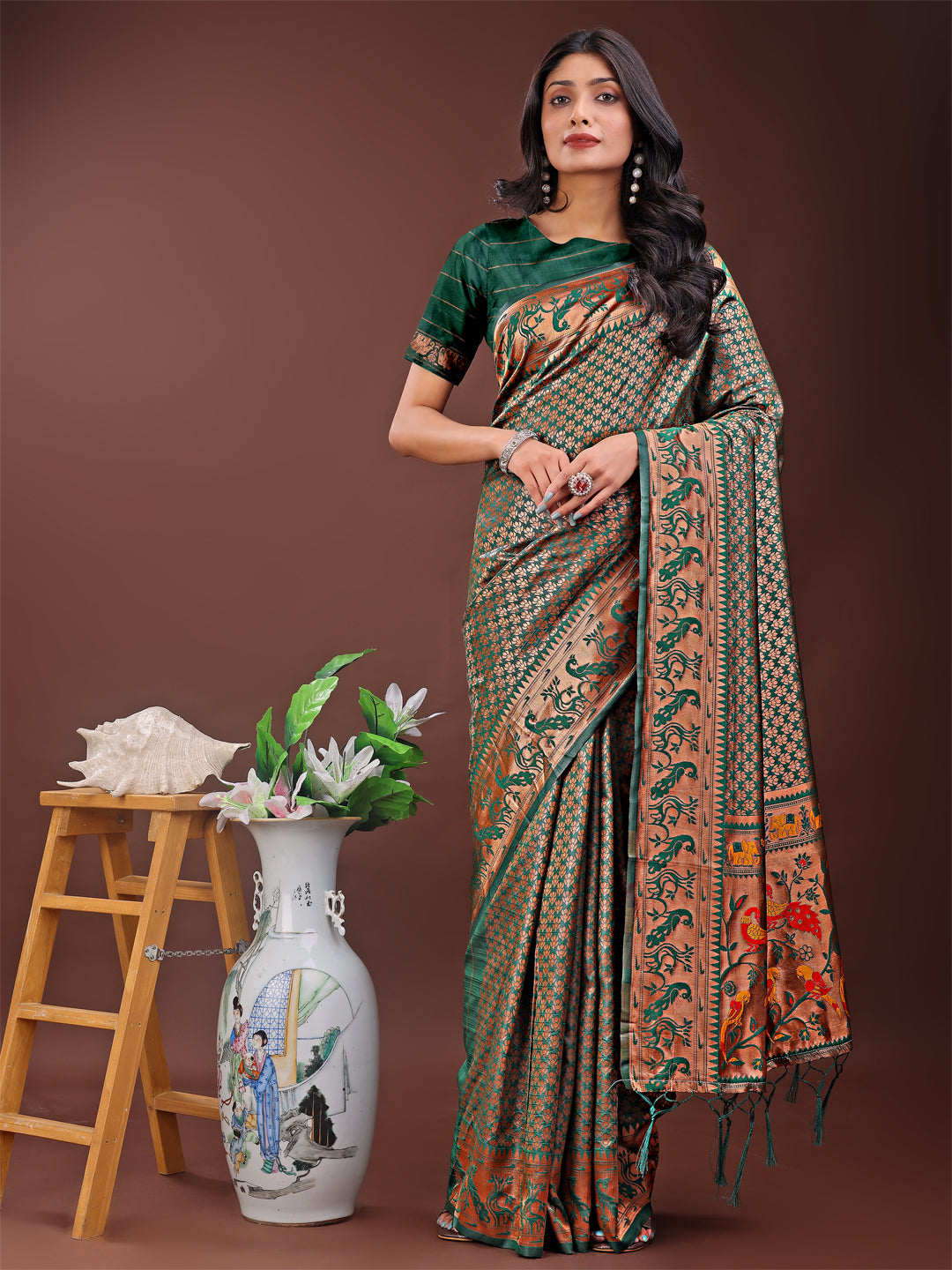 Astita Fiery Green Banarasi Silk Saree with Gold Zari and Colorful Pallu - Perfect for Bridal,Wedding & Festive Glamour | Swadesiicart