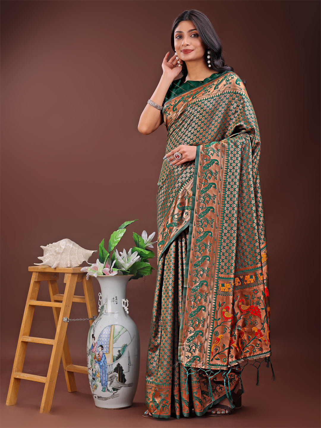 Astita Fiery Green Banarasi Silk Saree with Gold Zari and Colorful Pallu - Perfect for Bridal,Wedding & Festive Glamour | Swadesiicart