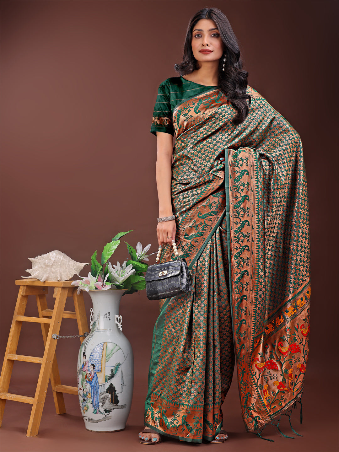 Astita Fiery Green Banarasi Silk Saree with Gold Zari and Colorful Pallu - Perfect for Bridal,Wedding & Festive Glamour | Swadesiicart