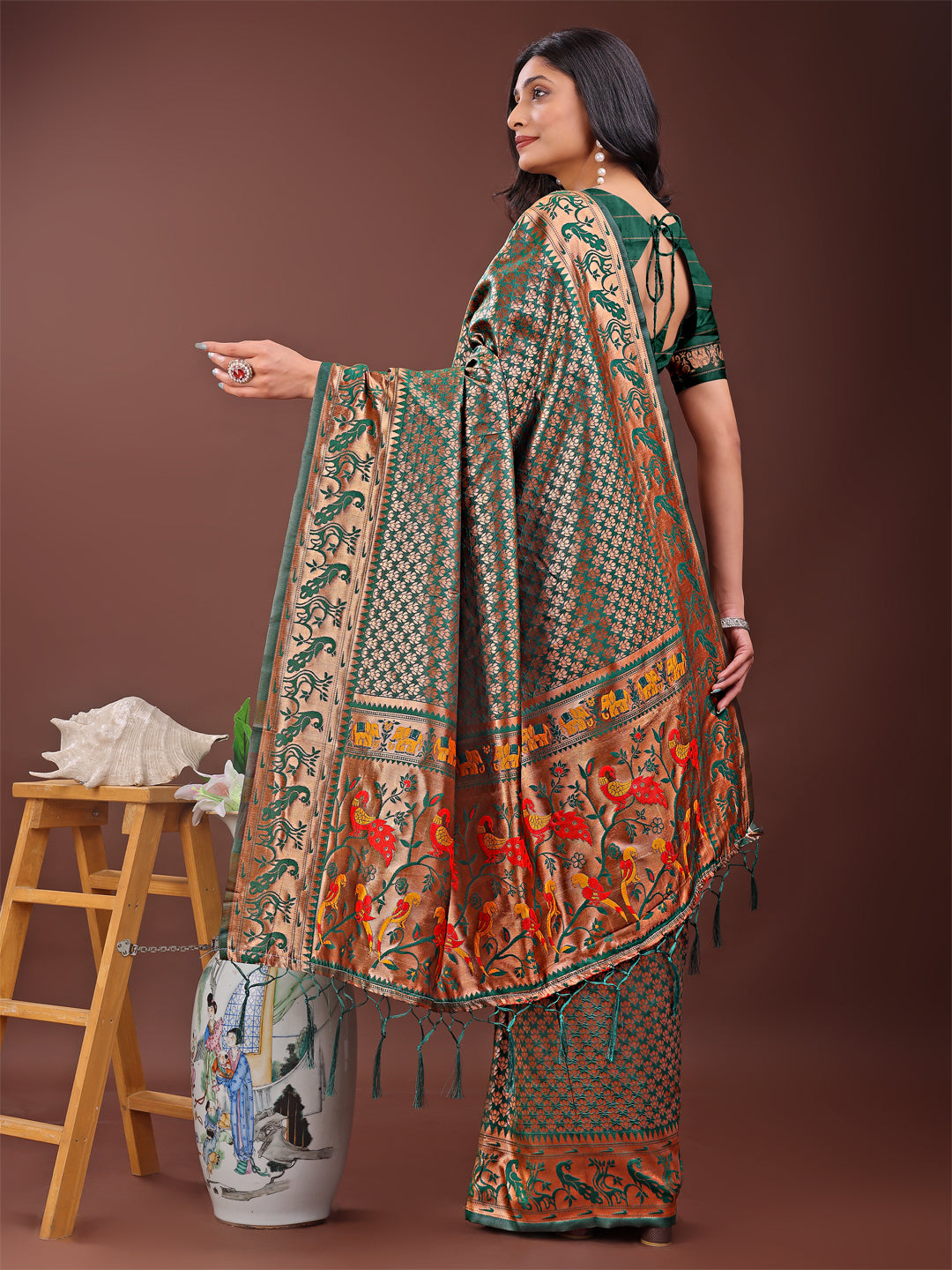 Astita Fiery Green Banarasi Silk Saree with Gold Zari and Colorful Pallu - Perfect for Bridal,Wedding & Festive Glamour | Swadesiicart