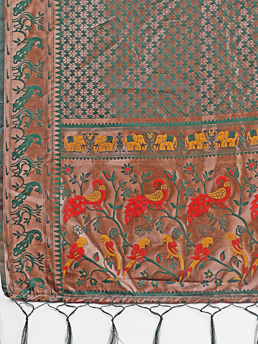 Astita Fiery Green Banarasi Silk Saree with Gold Zari and Colorful Pallu - Perfect for Bridal,Wedding & Festive Glamour | Swadesiicart