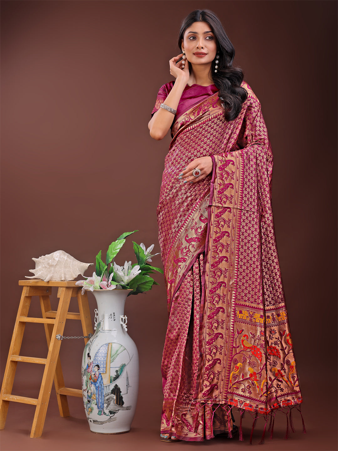Astita Fiery Purple Banarasi Silk Saree with Gold Zari and Colorful Pallu - Perfect for Bridal,Wedding & Festive Glamour | Swadesiicart