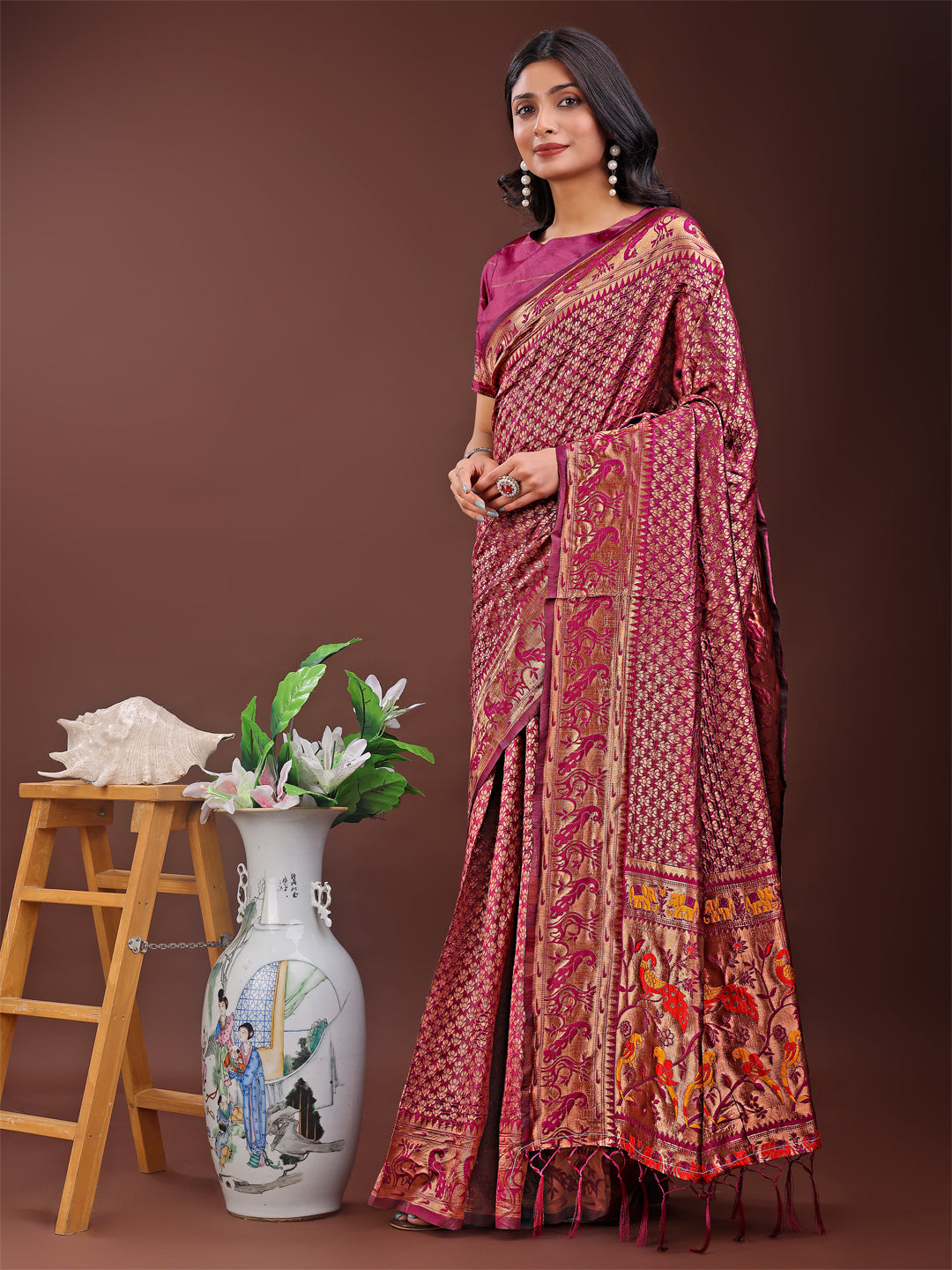 Astita Fiery Purple Banarasi Silk Saree with Gold Zari and Colorful Pallu - Perfect for Bridal,Wedding & Festive Glamour | Swadesiicart