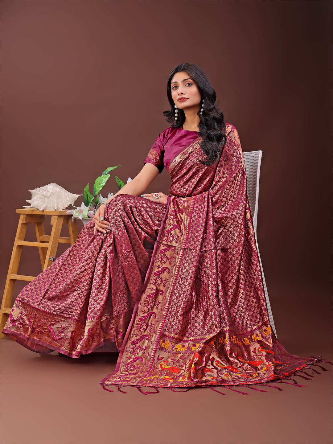 Astita Fiery Purple Banarasi Silk Saree with Gold Zari and Colorful Pallu - Perfect for Bridal,Wedding & Festive Glamour | Swadesiicart