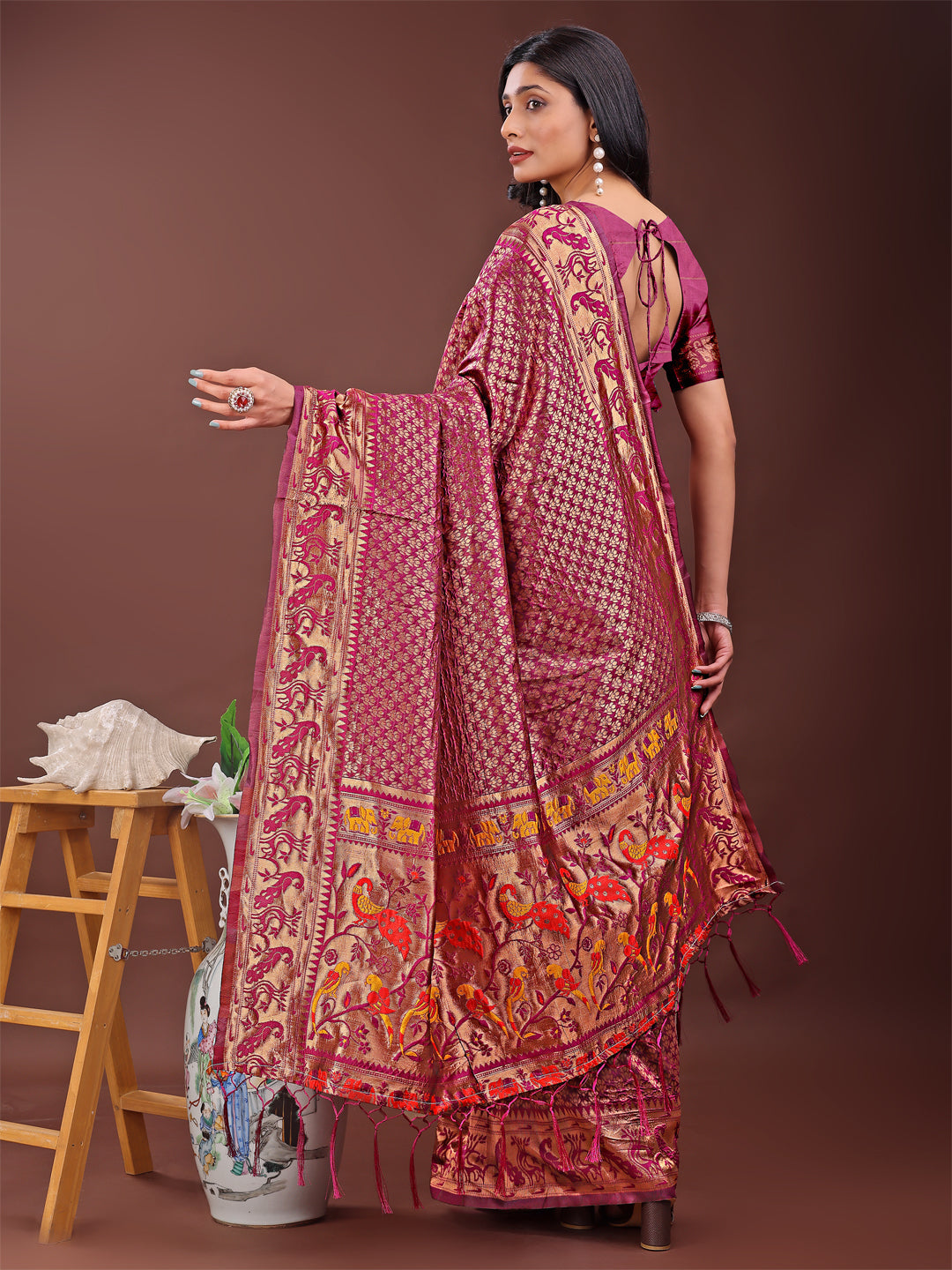 Astita Fiery Purple Banarasi Silk Saree with Gold Zari and Colorful Pallu - Perfect for Bridal,Wedding & Festive Glamour | Swadesiicart