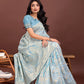 Shree Shyam Fashion Elegant Sky Blue Cotton Saree with Golden Zari Work - Graceful Comfort for Everyday & Festive Wear