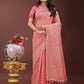 Shree Shyam Fashion Elegant Peach Linen Cotton Saree with Floral Weave & Soft Gold Pallu - Graceful Choice for Casual,Office & Festive Looks