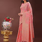 Shree Shyam Fashion Elegant Peach Linen Cotton Saree with Floral Weave & Soft Gold Pallu - Graceful Choice for Casual,Office & Festive Looks