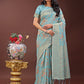 Shree Shyam Fashion Elegant Light Blue Linen Cotton Saree with Floral Weave & Soft Gold Pallu - Graceful Choice for Casual,Office & Festive Looks