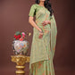 Shree Shyam Fashion Elegant Light Green Linen Cotton Saree with Floral Weave & Soft Gold Pallu - Graceful Choice for Casual,Office & Festive Looks