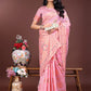 Shree Shyam Fashion Elegant Light Pink Linen Saree with Intricate Woven Patterns - Lightweight Grace for Everyday and Festive Moments