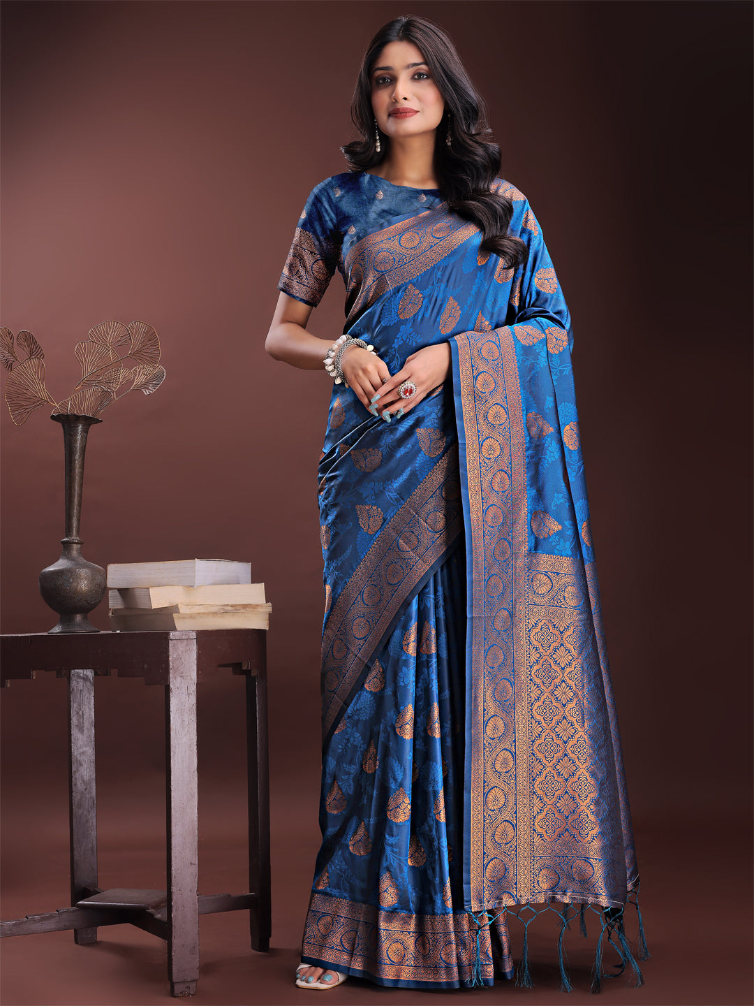 Astita Majestic Royal Blue Banarasi Silk Saree with Golden Zari - Timeless Indian Ethnic Elegance for Weddings & Festive Occasions | Swadesiicart