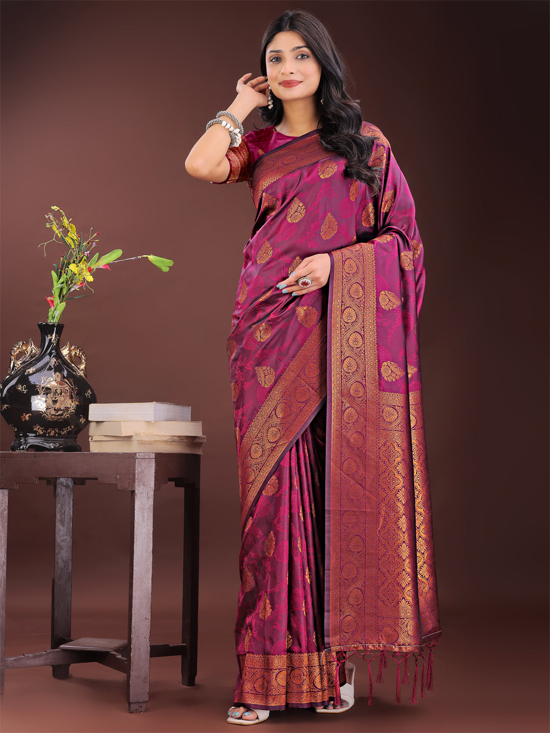 Astita Majestic Purple Banarasi Silk Saree with Golden Zari - Timeless Indian Ethnic Elegance for Weddings & Festive Occasions | Swadesiicart