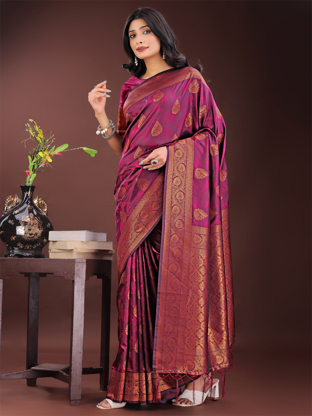 Astita Majestic Purple Banarasi Silk Saree with Golden Zari - Timeless Indian Ethnic Elegance for Weddings & Festive Occasions | Swadesiicart