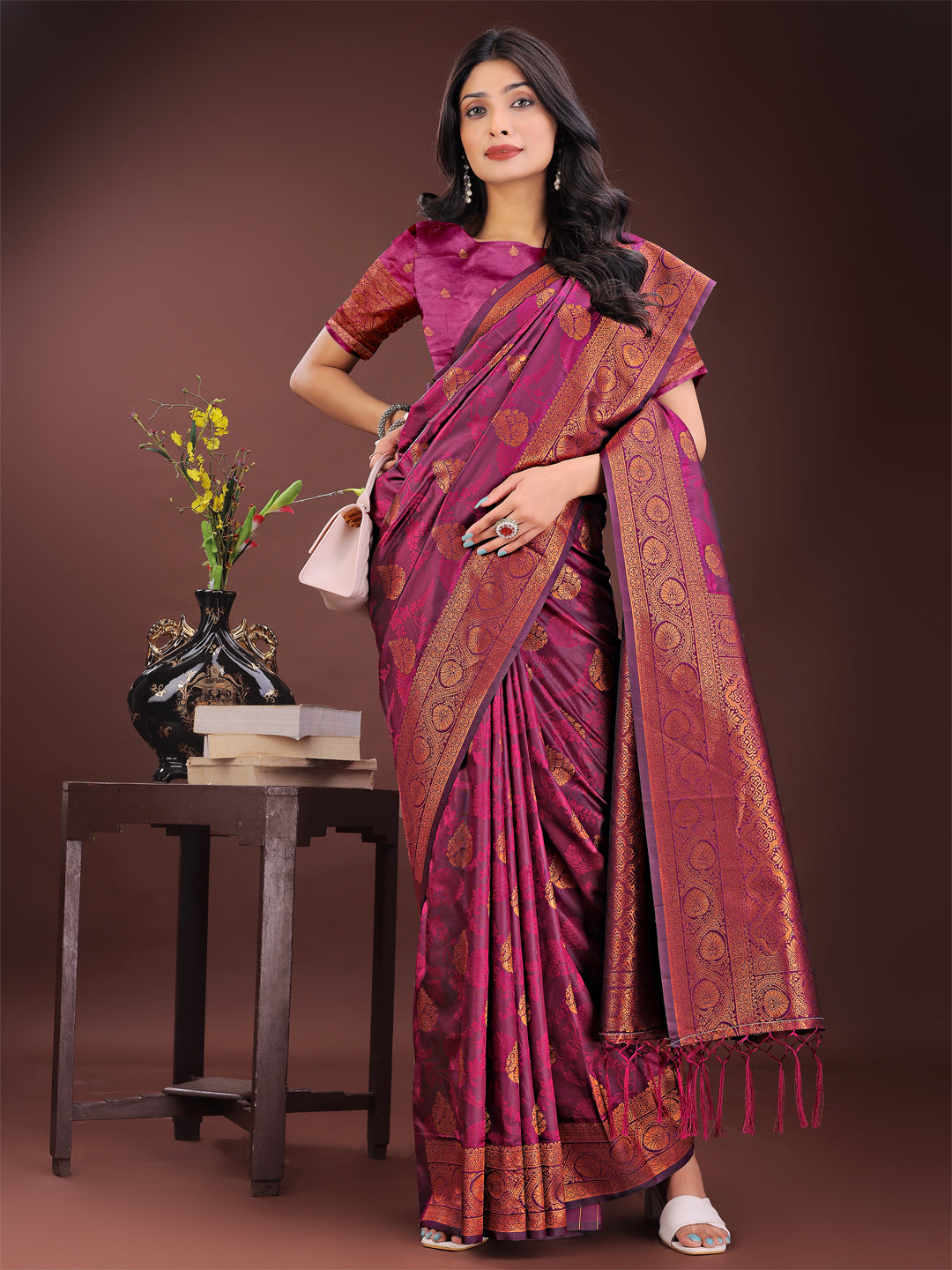 Astita Majestic Purple Banarasi Silk Saree with Golden Zari - Timeless Indian Ethnic Elegance for Weddings & Festive Occasions | Swadesiicart