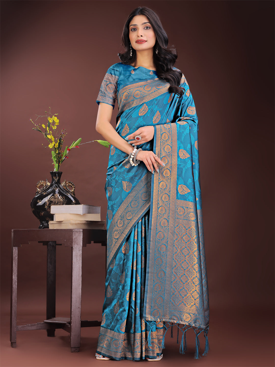 Astita Majestic Teal Banarasi Silk Saree with Golden Zari - Timeless Indian Ethnic Elegance for Weddings & Festive Occasions | Swadesiicart