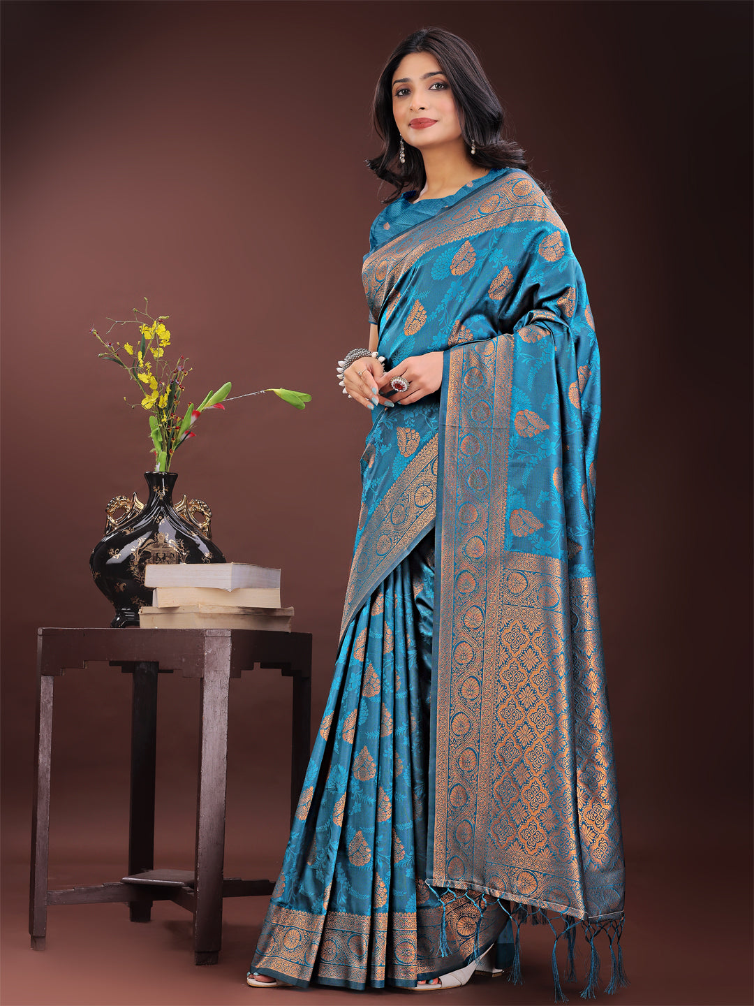 Astita Majestic Teal Banarasi Silk Saree with Golden Zari - Timeless Indian Ethnic Elegance for Weddings & Festive Occasions | Swadesiicart
