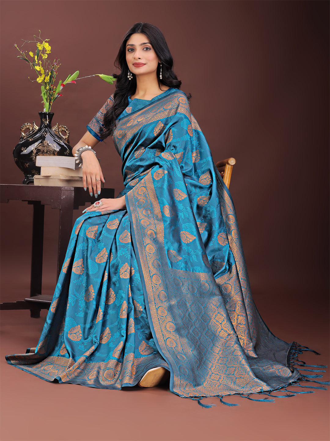 Astita Majestic Teal Banarasi Silk Saree with Golden Zari - Timeless Indian Ethnic Elegance for Weddings & Festive Occasions | Swadesiicart