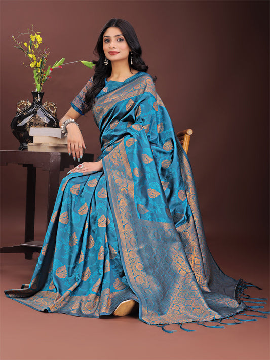 Astita Majestic Teal Banarasi Silk Saree with Golden Zari - Timeless Indian Ethnic Elegance for Weddings & Festive Occasions | Swadesiicart