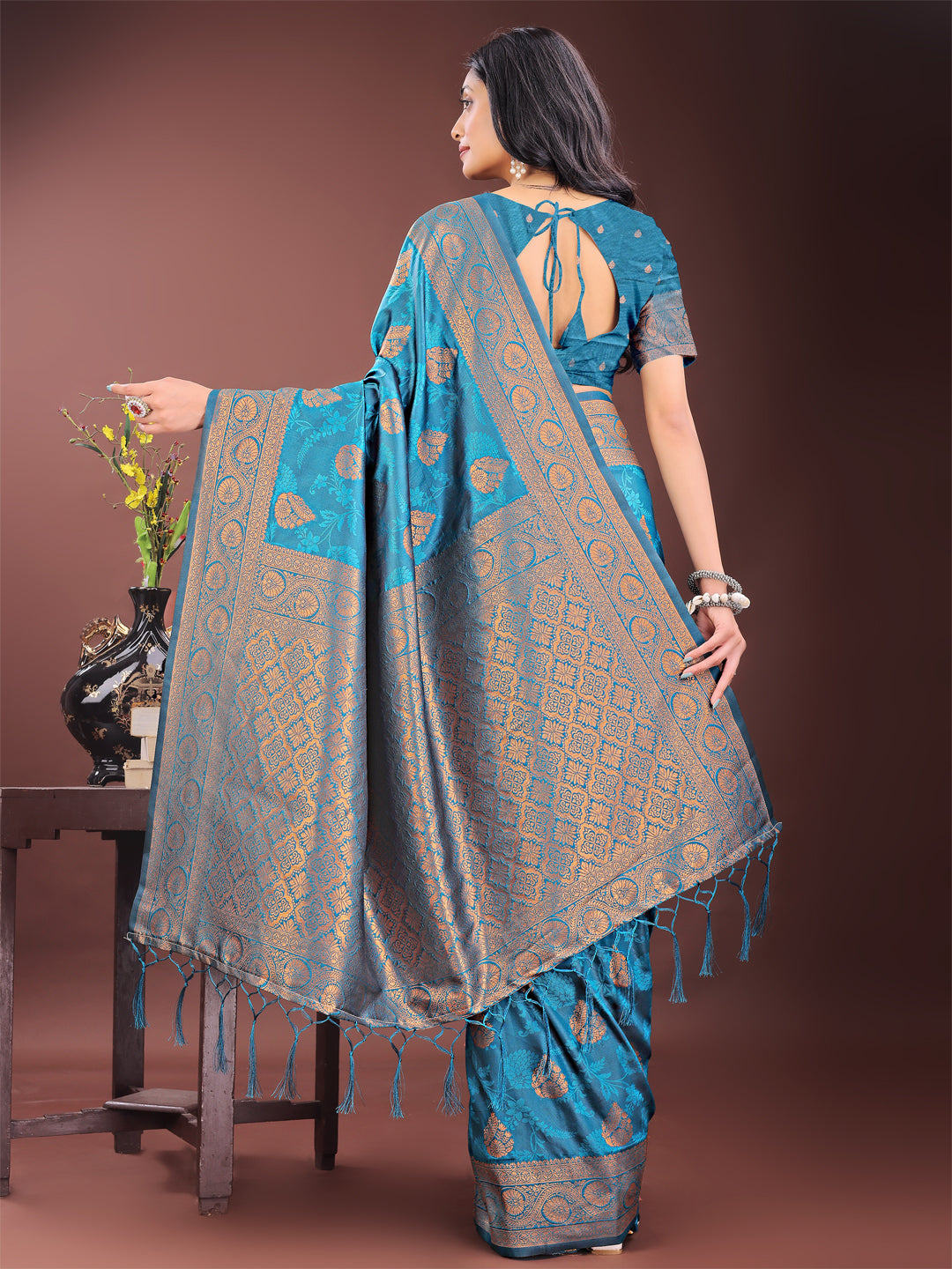 Astita Majestic Teal Banarasi Silk Saree with Golden Zari - Timeless Indian Ethnic Elegance for Weddings & Festive Occasions | Swadesiicart