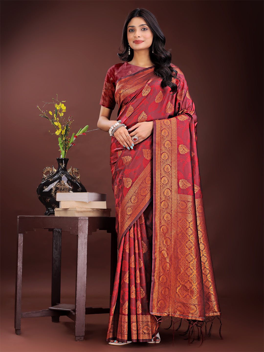 Astita Majestic Maroon Banarasi Silk Saree with Golden Zari - Timeless Indian Ethnic Elegance for Weddings & Festive Occasions | Swadesiicart