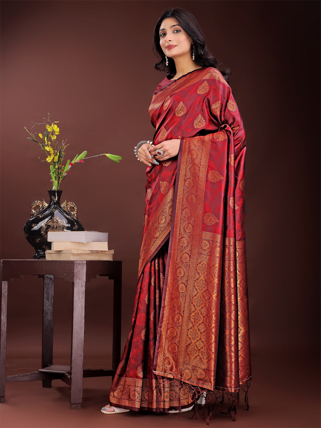 Astita Majestic Maroon Banarasi Silk Saree with Golden Zari - Timeless Indian Ethnic Elegance for Weddings & Festive Occasions | Swadesiicart