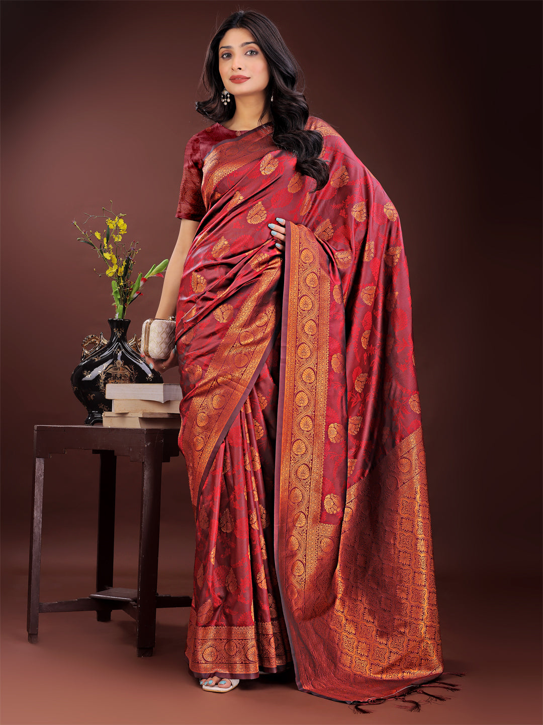 Astita Majestic Maroon Banarasi Silk Saree with Golden Zari - Timeless Indian Ethnic Elegance for Weddings & Festive Occasions | Swadesiicart