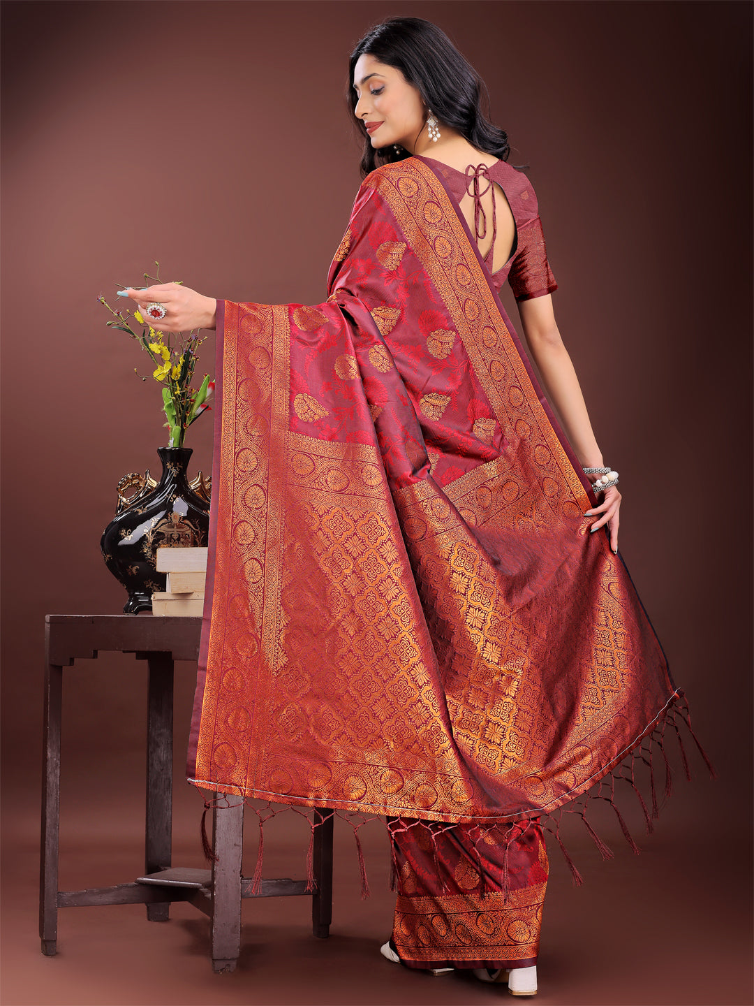 Astita Majestic Maroon Banarasi Silk Saree with Golden Zari - Timeless Indian Ethnic Elegance for Weddings & Festive Occasions | Swadesiicart