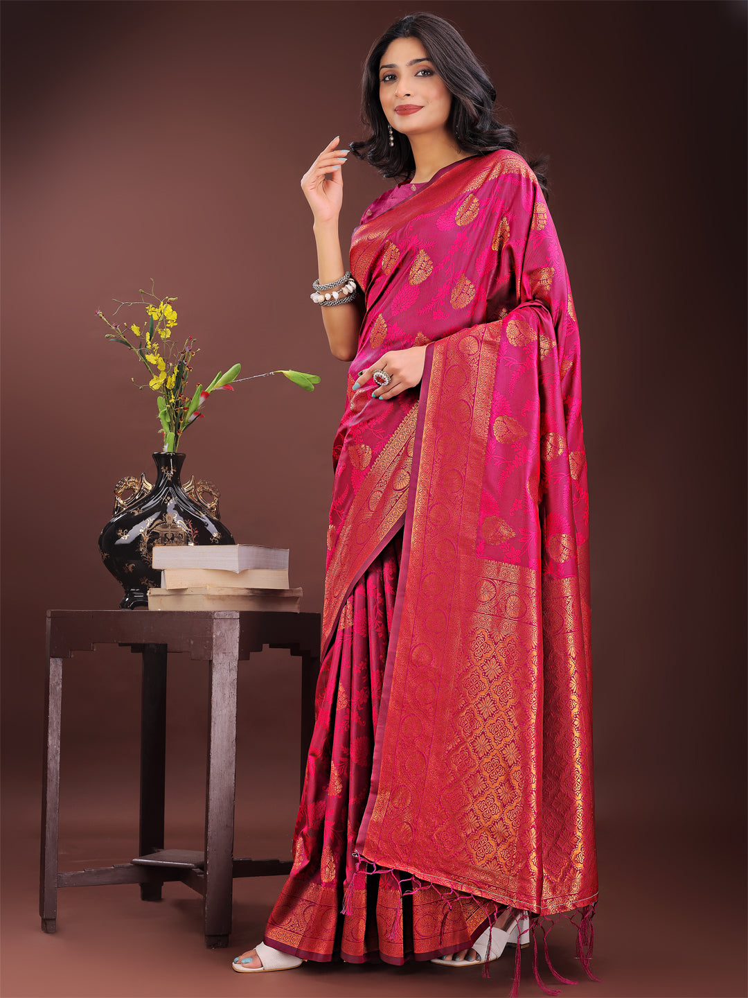 Astita Majestic Magenta Banarasi Silk Saree with Golden Zari - Timeless Indian Ethnic Elegance for Weddings & Festive Occasions | Swadesiicart