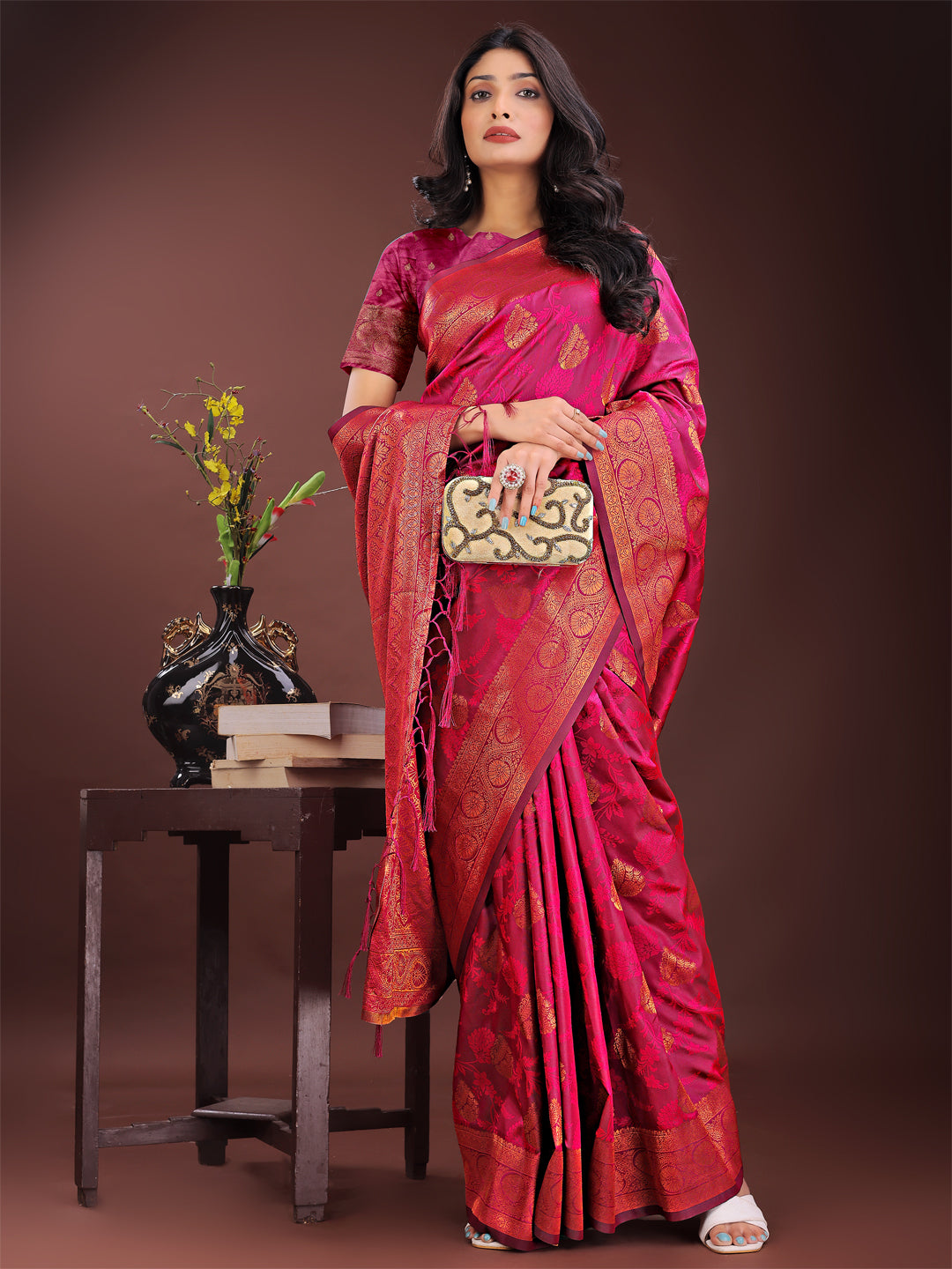 Astita Majestic Magenta Banarasi Silk Saree with Golden Zari - Timeless Indian Ethnic Elegance for Weddings & Festive Occasions | Swadesiicart