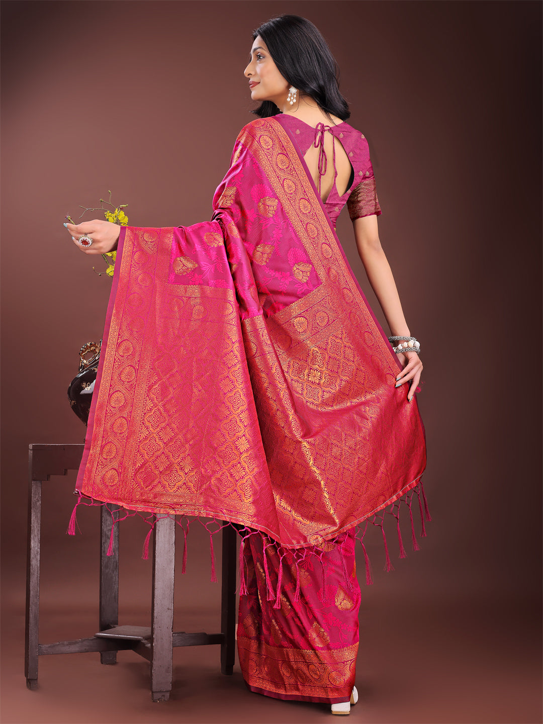 Astita Majestic Magenta Banarasi Silk Saree with Golden Zari - Timeless Indian Ethnic Elegance for Weddings & Festive Occasions | Swadesiicart