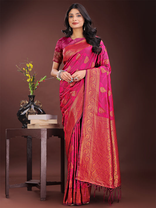 Astita Majestic Magenta Banarasi Silk Saree with Golden Zari - Timeless Indian Ethnic Elegance for Weddings & Festive Occasions | Swadesiicart