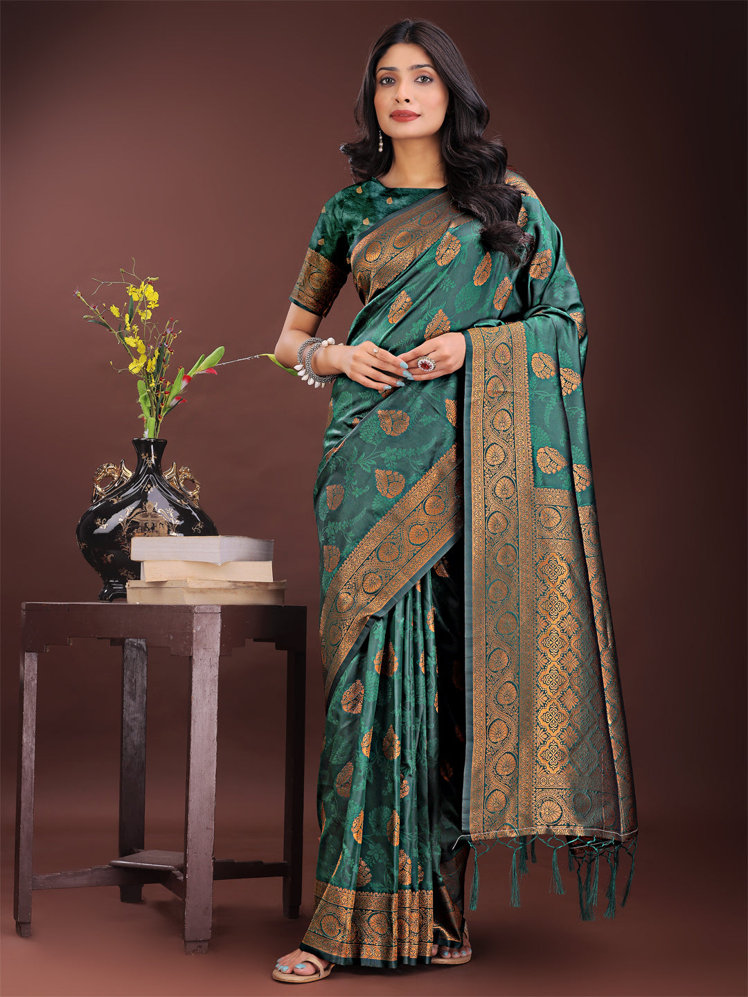Astita Majestic Dark Green Banarasi Silk Saree with Golden Zari - Timeless Indian Ethnic Elegance for Weddings & Festive Occasions | Swadesiicart