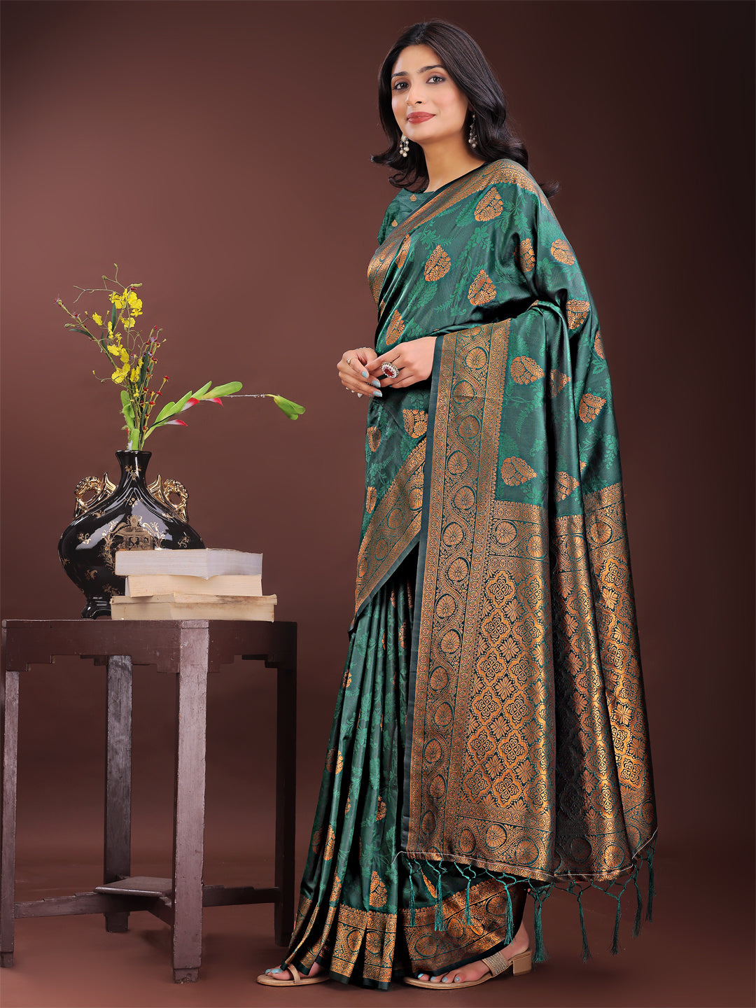 Astita Majestic Dark Green Banarasi Silk Saree with Golden Zari - Timeless Indian Ethnic Elegance for Weddings & Festive Occasions | Swadesiicart
