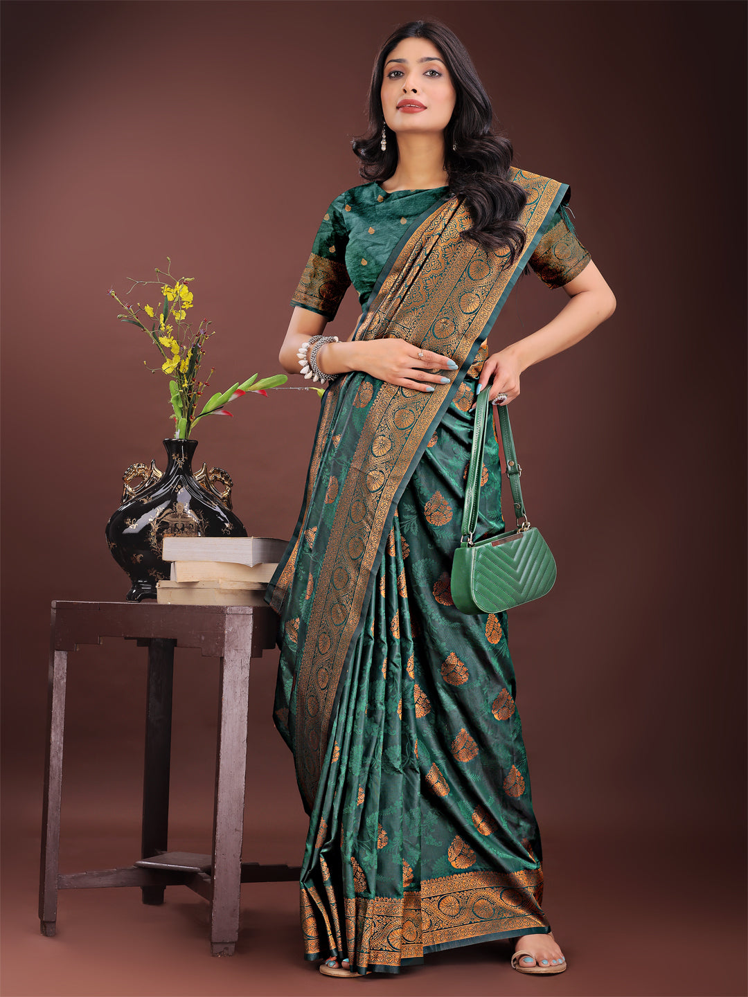 Astita Majestic Dark Green Banarasi Silk Saree with Golden Zari - Timeless Indian Ethnic Elegance for Weddings & Festive Occasions | Swadesiicart