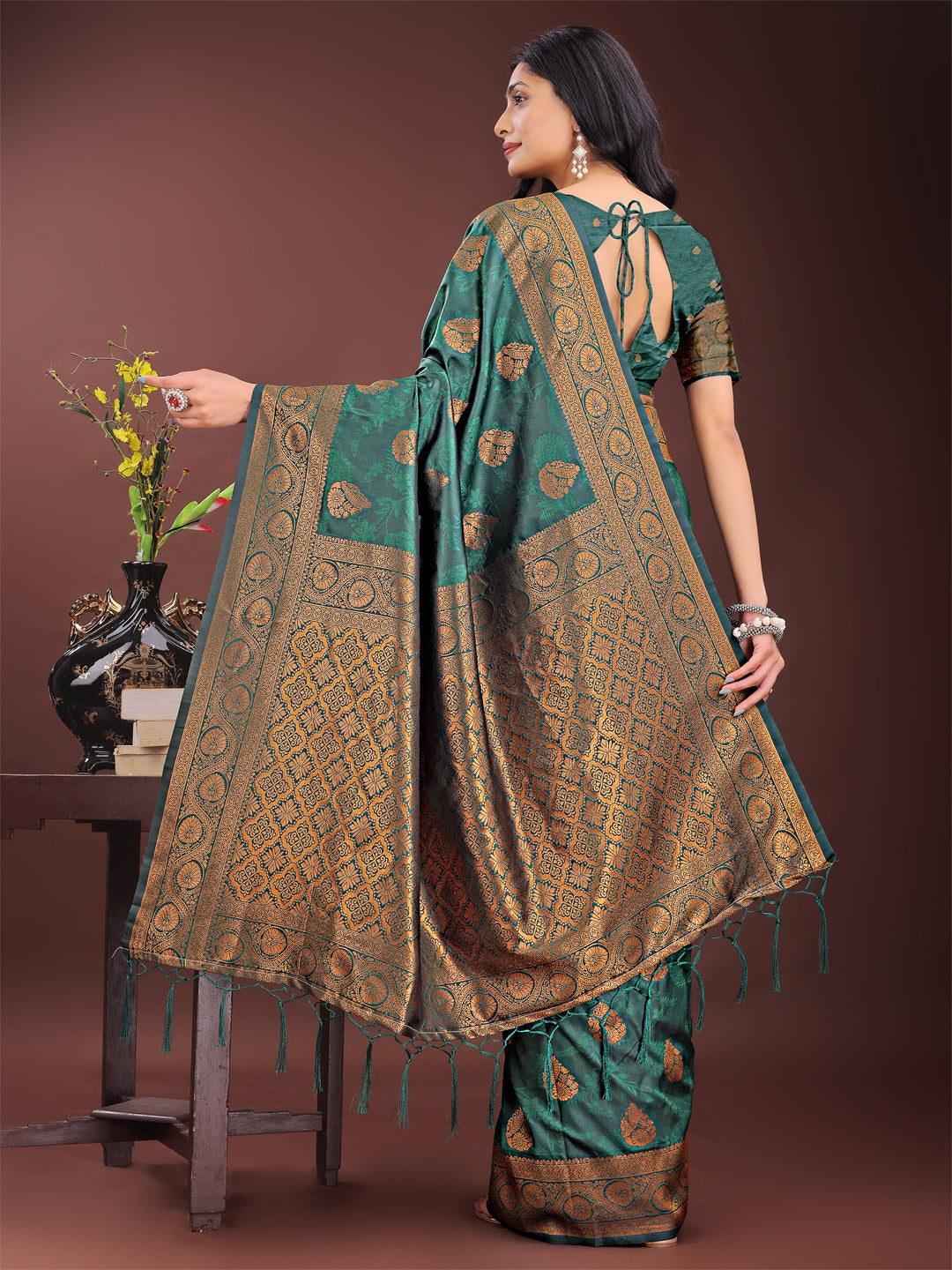 Astita Majestic Dark Green Banarasi Silk Saree with Golden Zari - Timeless Indian Ethnic Elegance for Weddings & Festive Occasions | Swadesiicart