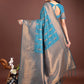 Shree Shyam Fashion Teal Blue Linen Cotton Saree with Golden Zari Leaf Woven Design & Rich Pallu - Festive Wear | Office Look | Soft Drape