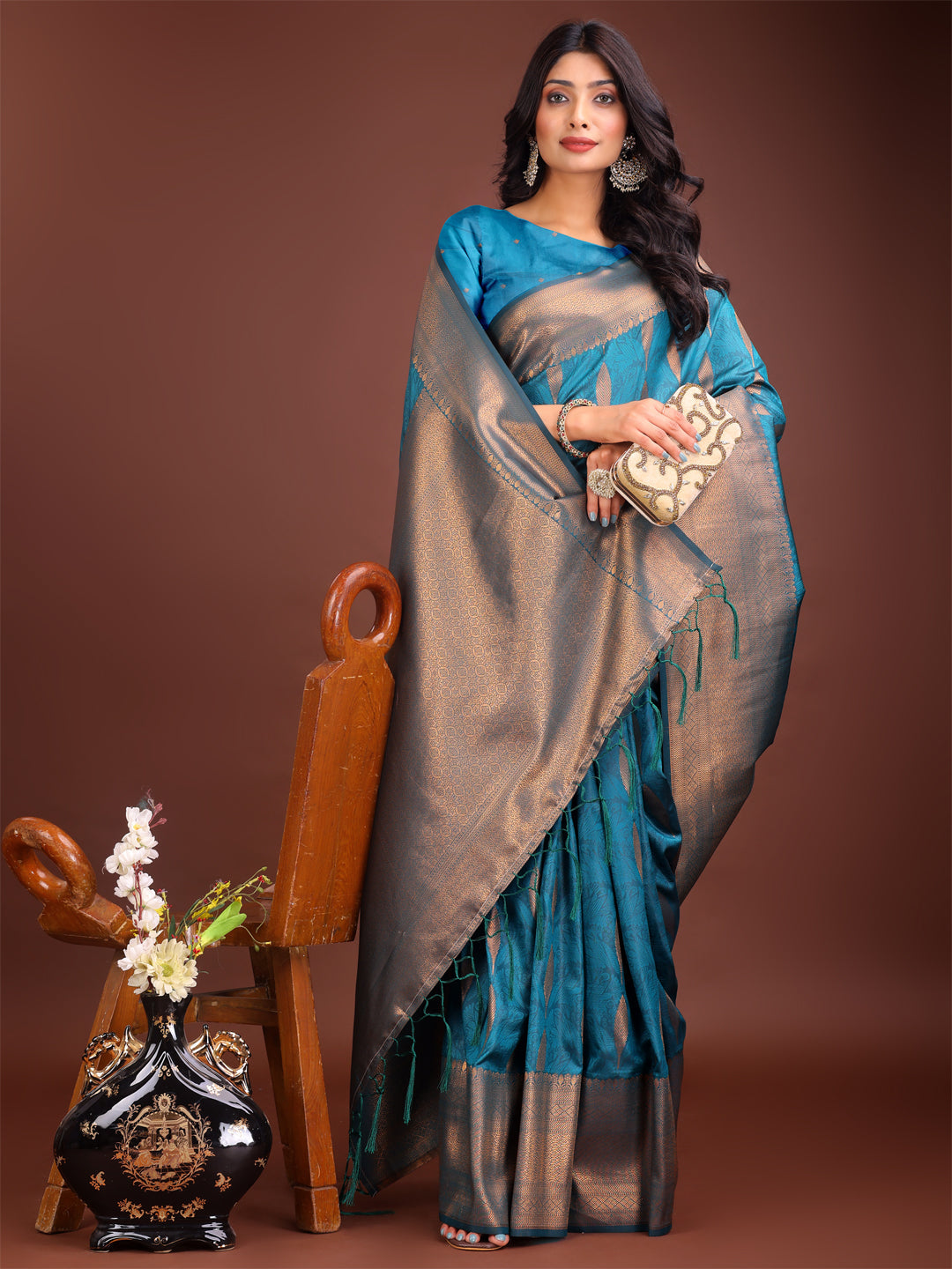 Shree Shyam Fashion Teal Blue Linen Cotton Saree with Golden Zari Leaf Woven Design & Rich Pallu - Festive Wear | Office Look | Soft Drape