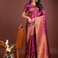 Shree Shyam Fashion Purple Linen Cotton Saree with Golden Zari Leaf Woven Design & Rich Pallu - Festive Wear | Office Look | Soft Drape